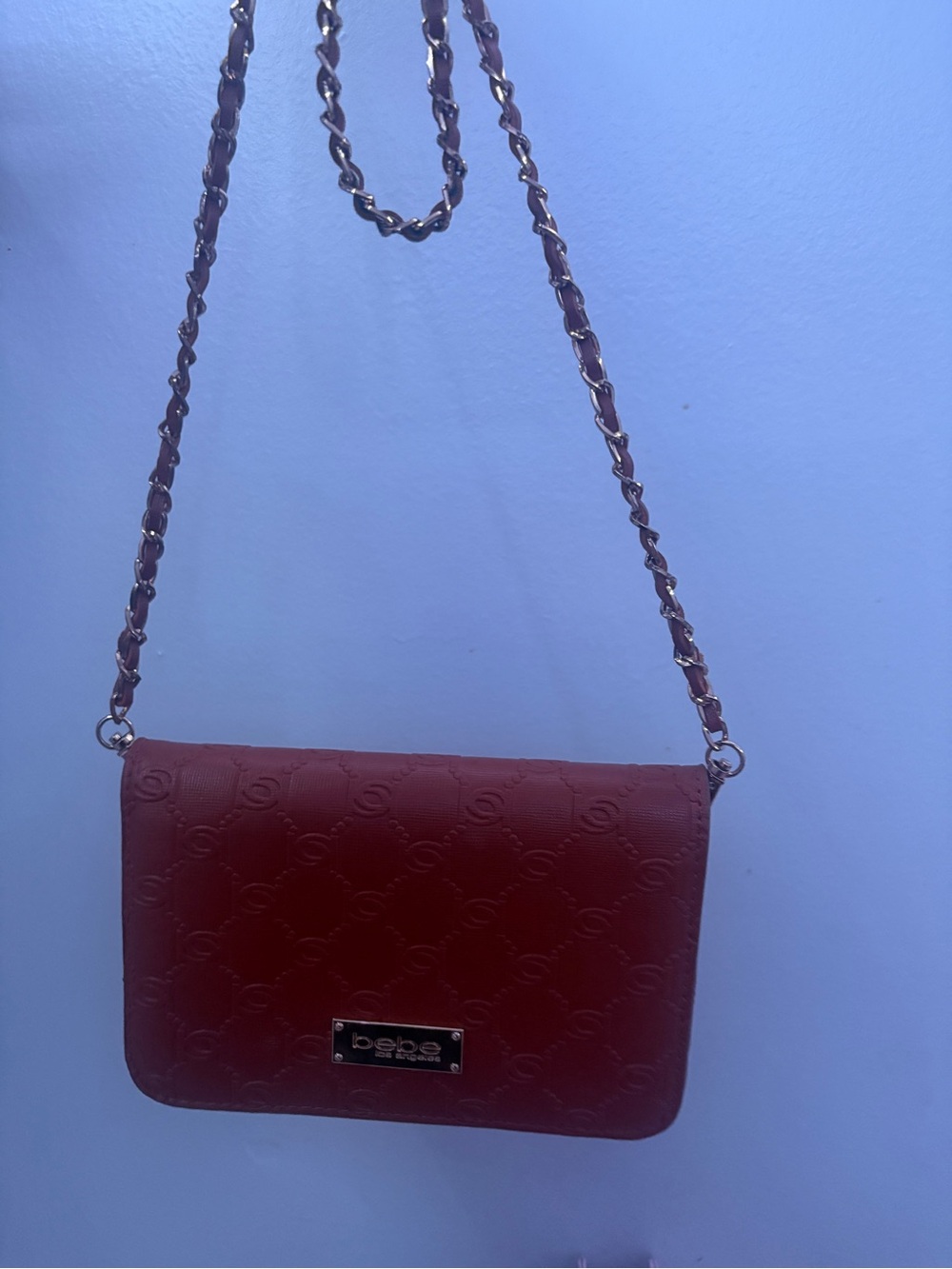 bebe Red Embossed Chain Shoulder Bag